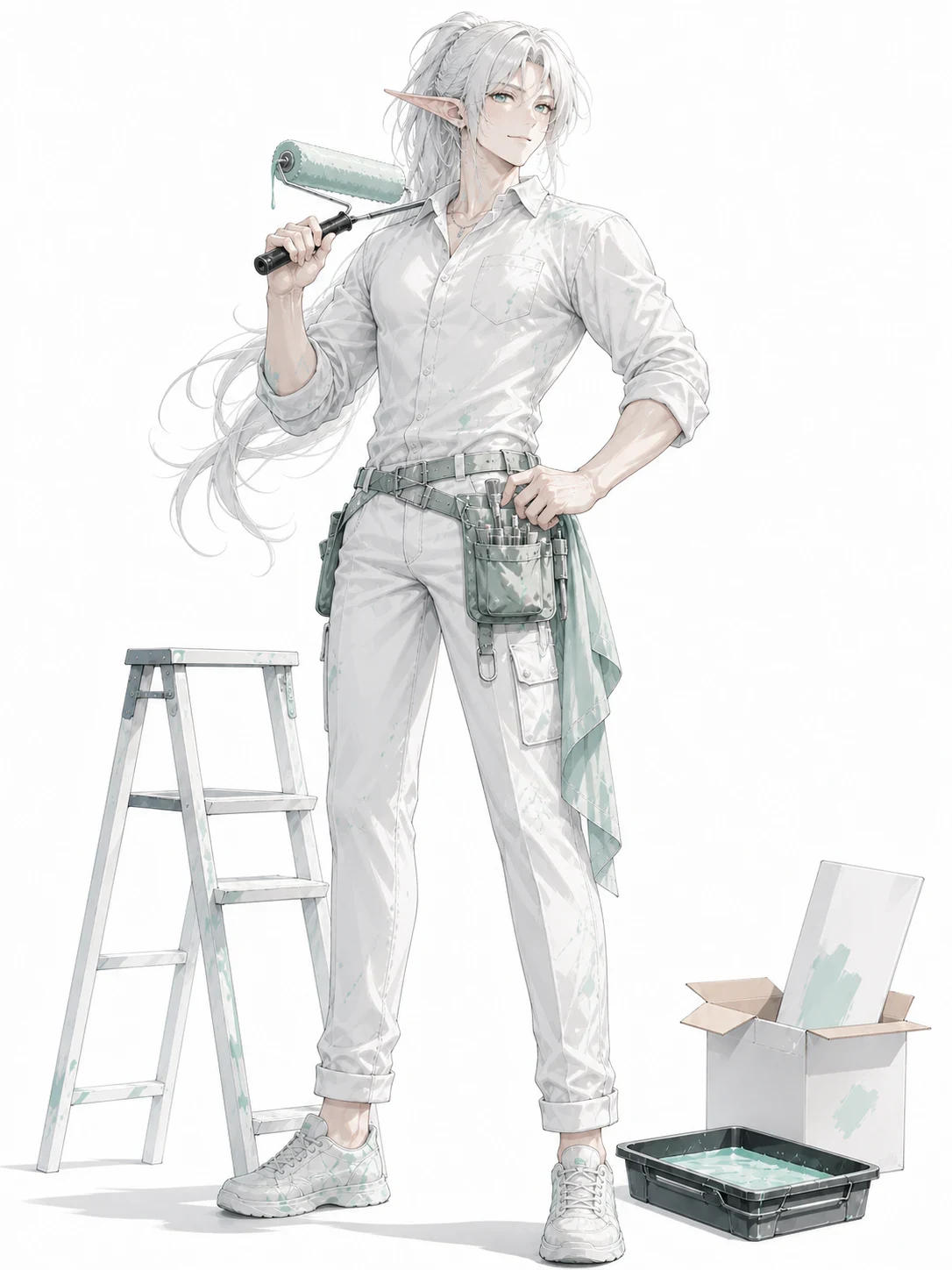 Kageyori, un jeune elfe aux cheveux blancs et aux yeux aqua, rénove son portfolio.